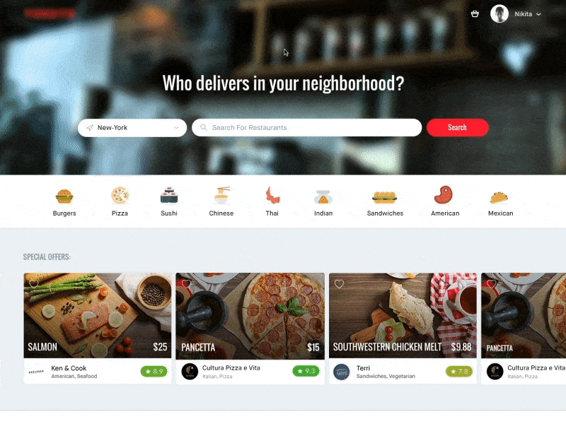 Food Delivery Web App appearing delivery filters food animation foursquare gif grid main search web