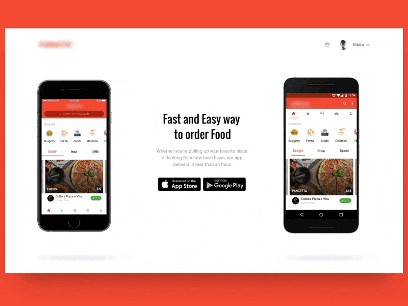 Food Delivery Landing Page Animation androind animation app appearing flowing food ios mobile