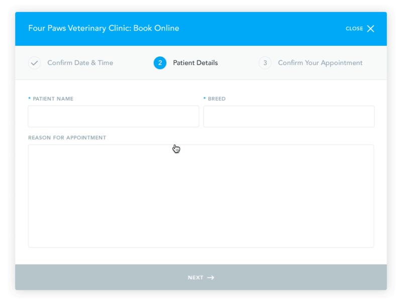 TopVet | Patient Details animation doctor fields fill steps ui ux vet web wizard