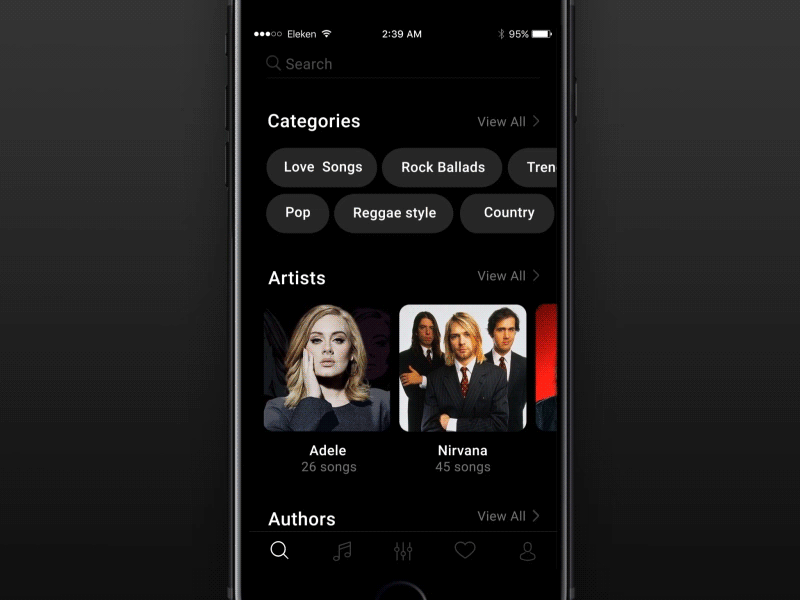 SongBook App Search (looped) app artists categories eleken guitar karaoke loading music search song ui ux