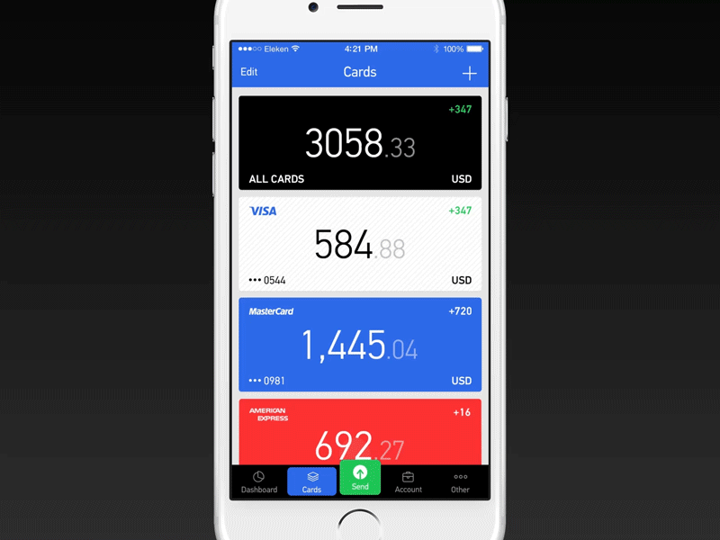 Dashboard animation bank credit card dashboard finance ios money sending transfer ui ux