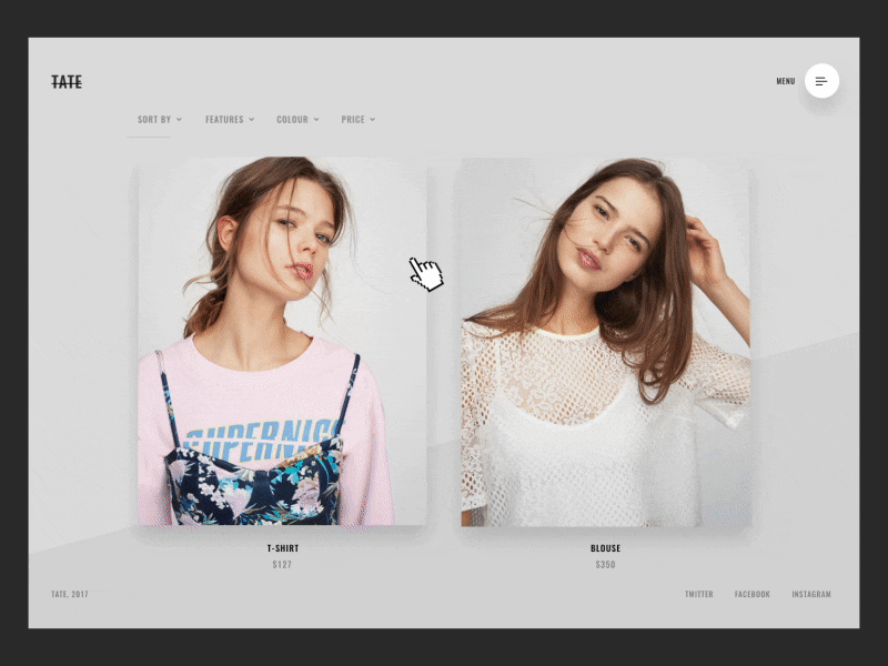 TATE Menu/Catalogue animation clothes ecommerce eleken fullscreen menu sliding ui ux web