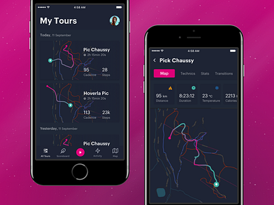 Ski App Black app dark eleken ios map mobile ski sports tour track ui ux