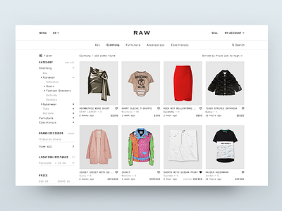 RAW Homepage eleken filter homepage item layout marketplace menu navigation price search sell ux