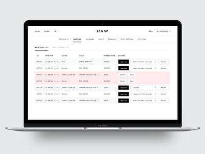 Raw New Listings admin panel submission controls dropdown eleken listings marketplace menu minimalistic submit web interface web ui ux