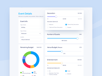 Venue Genie Calculator app dashboard graph ui ux web