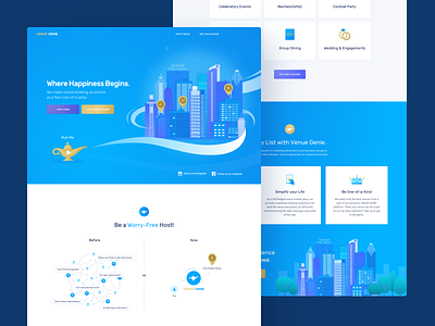 Venue Genie booking comparison event illustration jin lamp landing ui venue