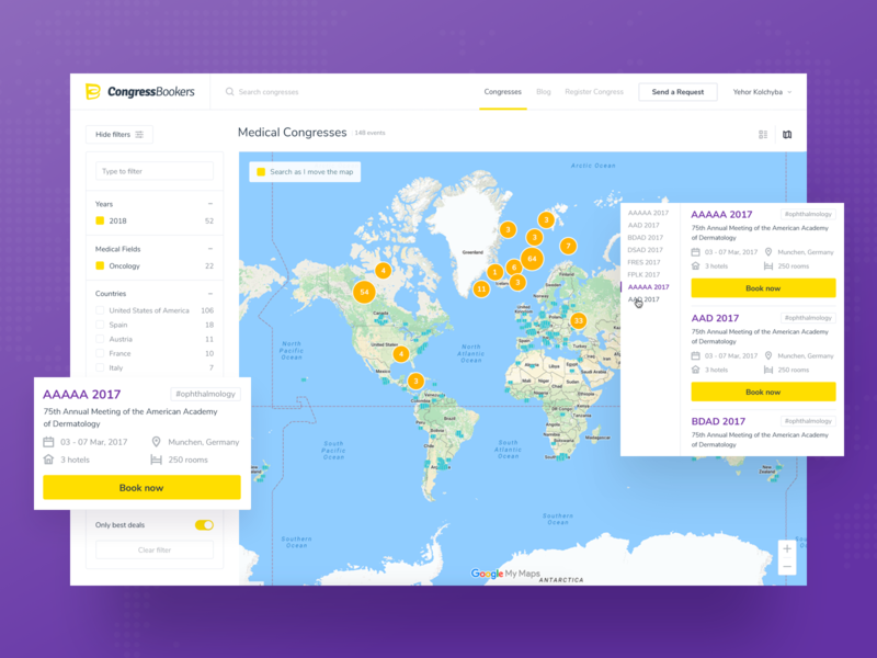 CongressBookers | Congresses Map booking congress eleken filters map medical pin ui ux web