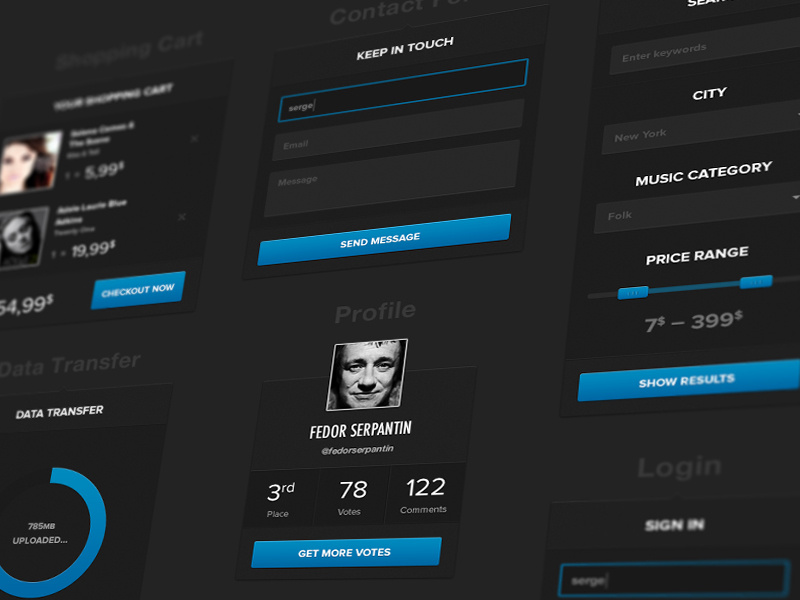 UI Kit info new fields ui dark profile contact form shopping cart interface login search filter circle sign in popup web bar clean slider kit ios style sharp music store modern ux blue