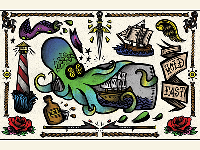 Nautical Tattoo Flash color design flash graphic design illustration lighthouse nautical octopus sailor skull spectronium style tattoo vector