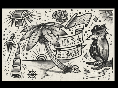 Life's a Beach beach bird black circle dagger flash illustration palm rose sheet skull spectronium tattoo tree vector