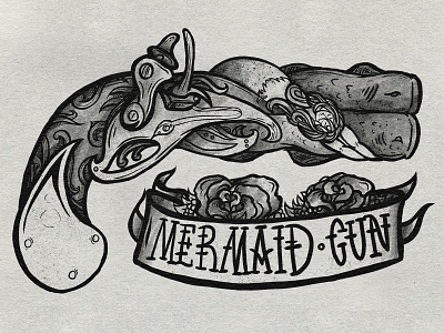 Mermaid Flintlock Pistol american banner black design gun hair handgun illustration lines mermaid pistol roses shading skateboard spectronium tattoo traditional vector