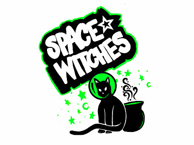 Space Witches black cat design graffiti green illustration space star witches words