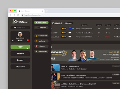 Chess.com > Home Screen app chess chess.com clarity design ui ux web website