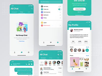 Messaging app ui kit chat profile design application app mobile interface experience iphone x ios android login sign in signup message conversation inbox text minimal clean modern interaction onboarding page screen registration register join social media network ui ux user kit