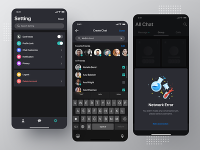 Dark App Exploration chat profile design application app mobile interface experience iphone x ios android login sign in signup message conversation inbox text minimal clean modern interaction onboarding page screen registration register join social media network ui ux user kit