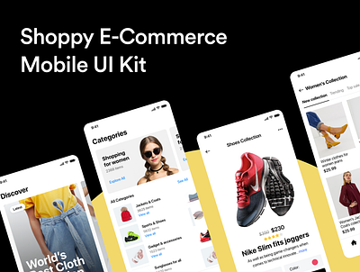 Shoppy E-Commerce Mobile UI Kit app applicaiton business clean dark design e commerce ecommerce ios iphone market minimal mobile online shop store ui ui kit user inteface ux