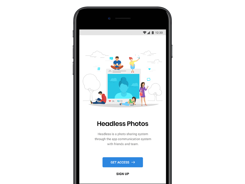 Headless photo splash screen app application design flat gif ios material mobile photo ui ux welcome screen