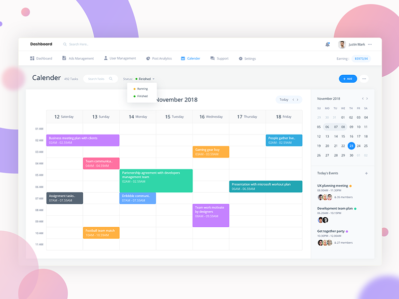 Calendar task management dashboard by Sourabh Barua for RedQ Inc on