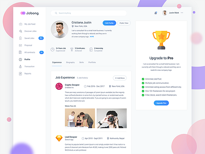 Job dashboard profile admin administration agency mobile design company app application software bio biography skill talent dashboard client experience interface job portfolio profile modern minimal flat typography typo font ui ux user upgrade update subscribe web website webdesign