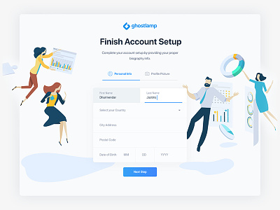 Account setup page business office chart country date field login sign up signup interaction modern minimal clean interface experience personal info information profile name picture register registration typography logo flat ui ux user web website webdesign