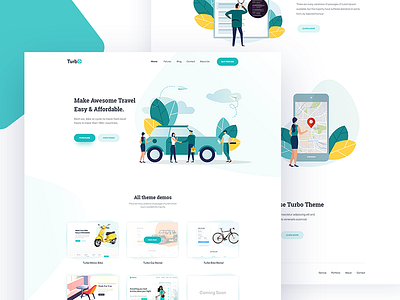 Turbo Car Rental Landing page design application app homepage home illustration cartoon character interaction interface experience landing vehicle car logo typography rent rental tour template theme themeforest travel trip ride ui ux user web website webdesign page
