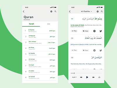 Quran app app ui clean clean ui design faatiha flat green ios islam juz muslim player quran ramadan surah ui ui ux ux