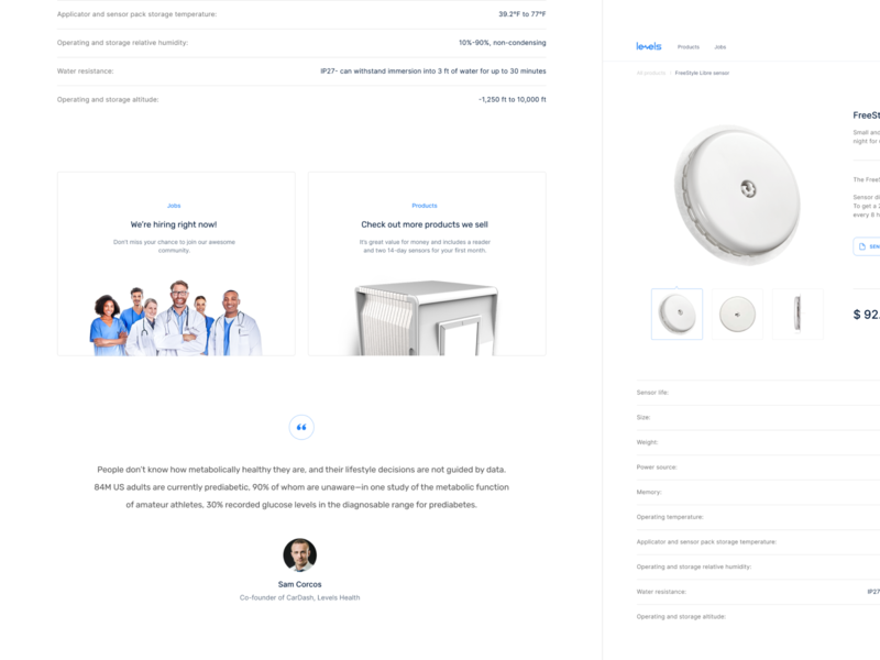 Product sensor page - Levels Health • 1 Dribbble Invite clean clear design design desktop landing medical care product design product page promo page website white