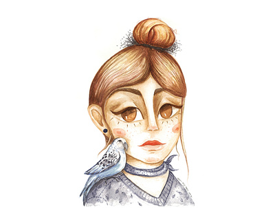 Girl With Lovebird art bird budgie eyes girl illustration watercolor
