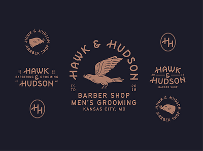 Hawk & Hudson Full Brand barber barber shop branding design illustration kansas city logo