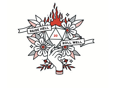 Raise Hell & Roll Well d20 dd dice dnd dungeons and dragons flash tattoo illustration kansas city playing card tabletop games the dicery ttrpg