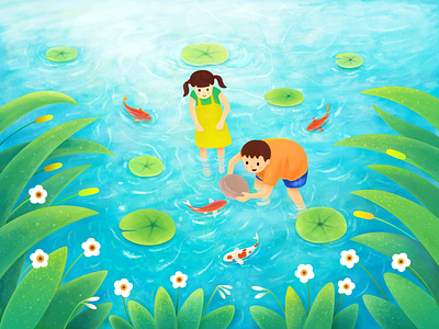 Childhood memories childhood fish graphical illustrations pond