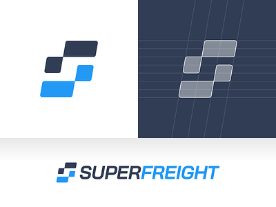 SuperFreight – Logo Design blue box branding design dynamic e-commerce fast forward freight grid logo logomark logotype mark rounded shipping super symbol