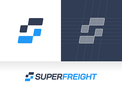 SuperFreight – Logo Design blue box branding design dynamic e commerce fast forward freight grid logo logomark logotype mark rounded shipping super symbol