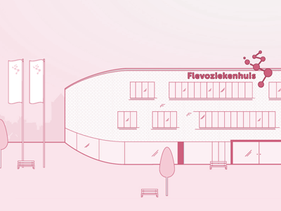 Titlescreen drawing for Flevoziekenhuis, WIP almere bench brickwall djo djoswork flag flevoland hospital illustration red wip