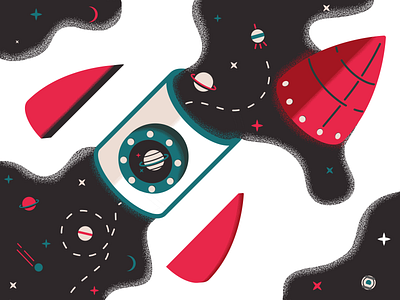 Rocket colorful graphic design illustrator moon planet rocket ship space stars stipple