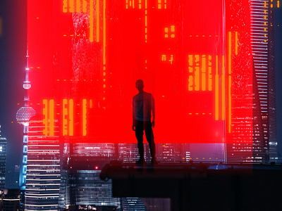 Fragment 75 city cyberpunk glitch glitch art glitch effect light box man mysterious night red light skyscraper standing