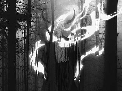 Fragment 119 black and white forest fragment glitch glitch effect glitchart illustration poster poster art shaman skull smoke smoke effect spirit
