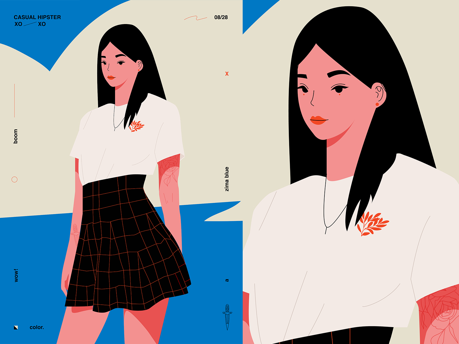 She is a casual hipster abstract character design character illustration clean composition girl girl character girl illustration grid hipster illustration layout lines minimal poster art sexy girl tattoo