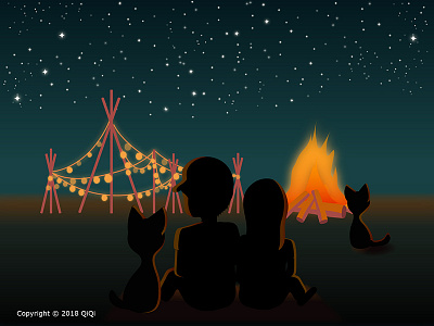 Let's count the stars campfire camping cat couple fire illustrator night outdoor painting star tent us