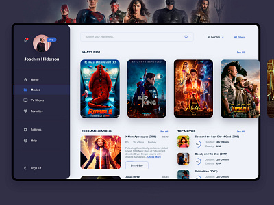 UI/Dashboard/Movies app blue dark theme dashboard ui design movie typography ui ux web