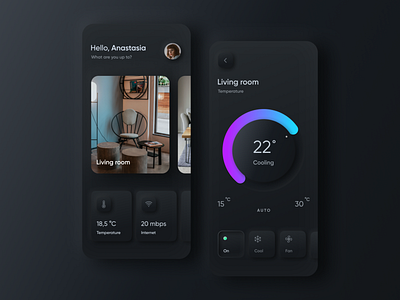 Smart Home (Dark Neumorphic) app conditioner dark app dark ui minimal mobile app mobile design neumorphism skeumorphism skeuomorphic smart home smart home app ui ux ux ui visual design