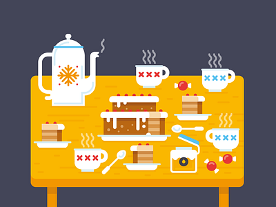 tea table cake candy cups honey icon illustration table tea vector winter