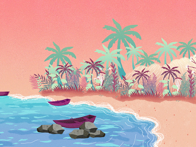 Tayrona beach boat digital paint illustration palms sea sunset tayrona tropical