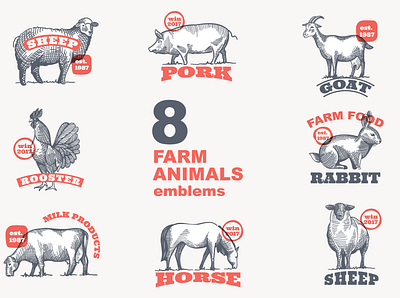 Set of 8 farm animals hatching emblems. animal badge cow egg emblem engraving farm food goat hatching horse logo milk pig pork rabbit rooster sheep