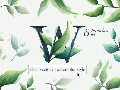 Lettering with vector watercolor leaves alphabet eco leaf lettering serif font splash watercolor