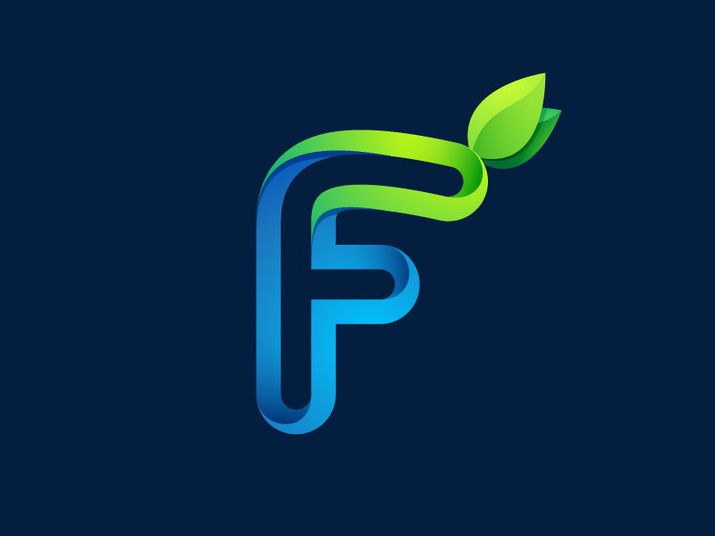 F letter ecology eco blue green logo mark dew leaves f letter leaf