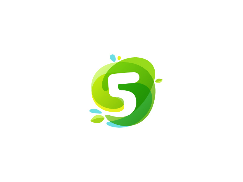 Number 5 negative space 5 number drop splash watercolor eco leaf