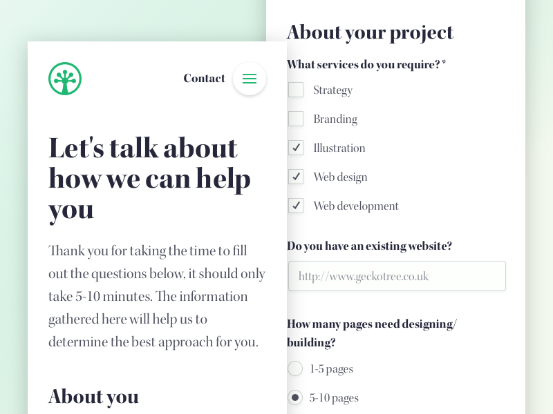 Geckotree contact page (mobile)