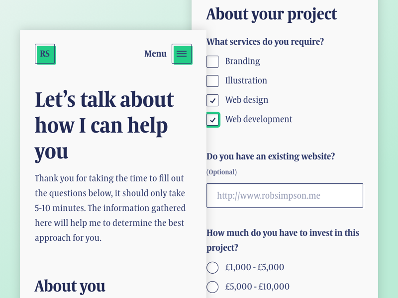 Personal website contact page (mobile)